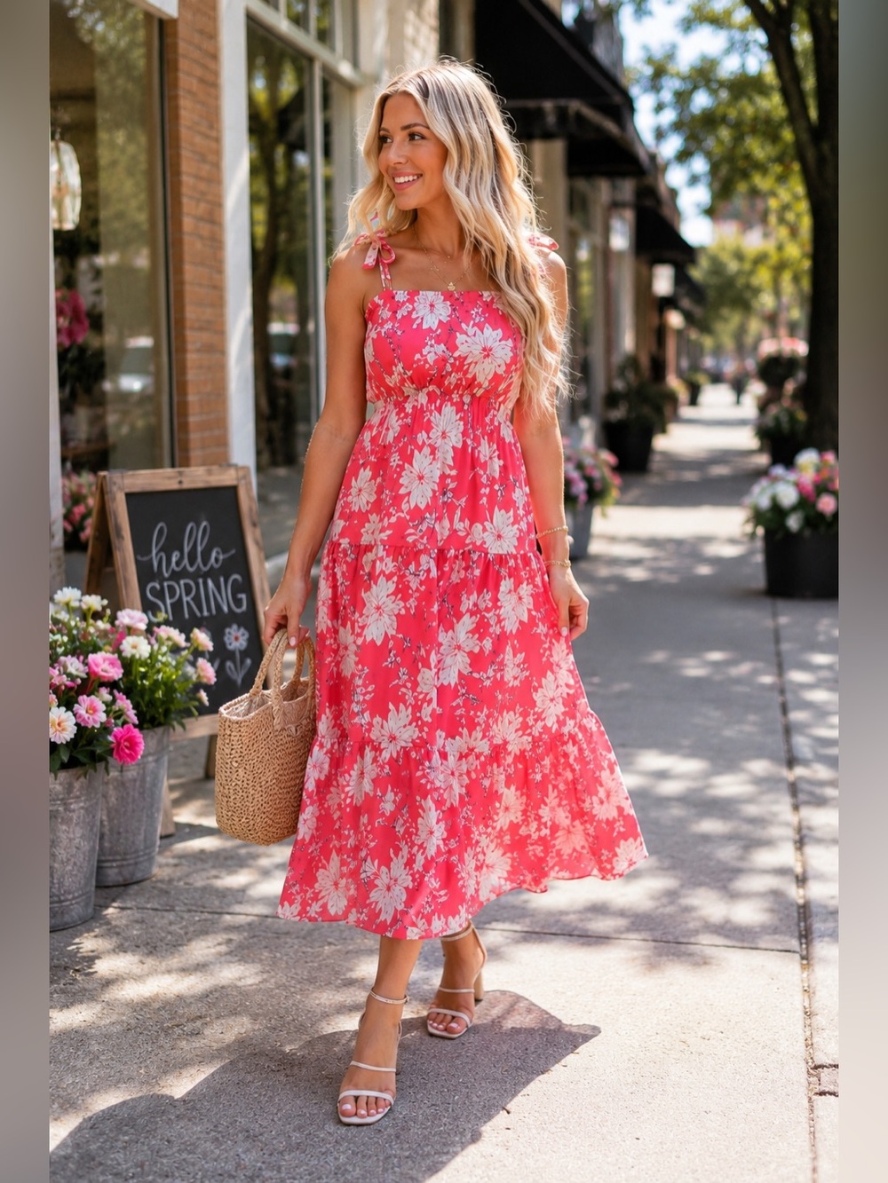 Boutique 9 Coral Floral Maxi Dress with Tie Shoulders